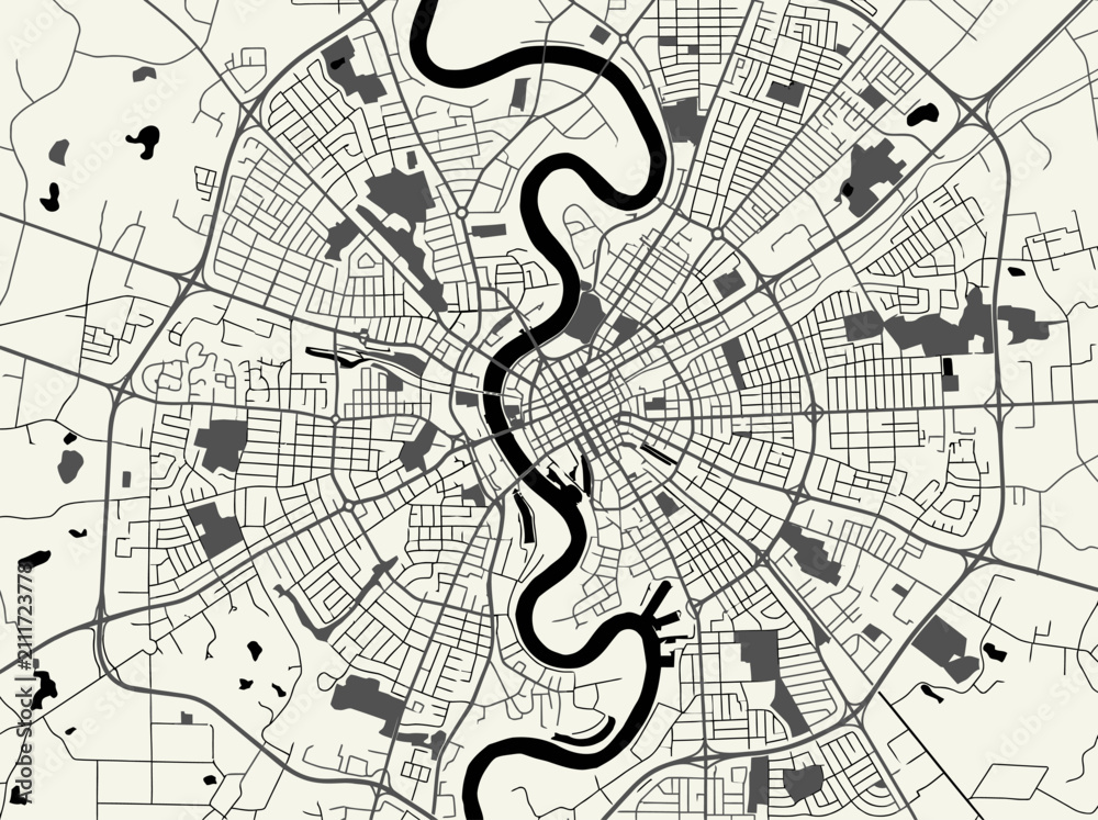 Fototapeta premium Minimalist Monochrome City Map Illustration with Winding River and Urban Grid