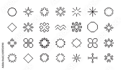 Pixel art geometric shapes, circles, diamonds, stars, modern abstract symbols, vector illustration.