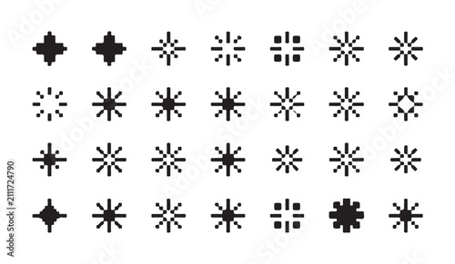 Set of pixelated starbursts and cross shapes diverse graphic elements for abstract and decorative design.