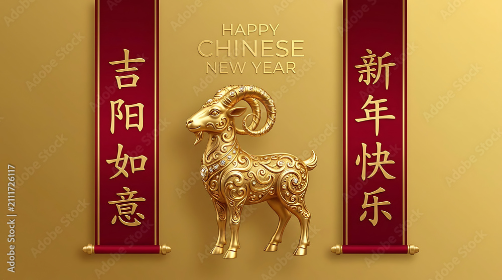 Obraz premium Golden goat statue for chinese new year 2027 with traditional red scrolls and text