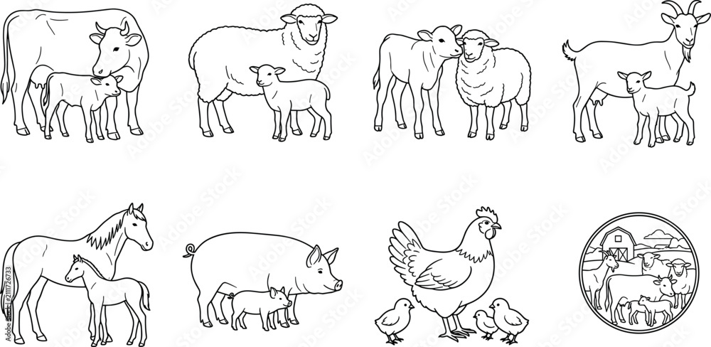 Obraz premium Farm Animals with Baby Animals Line Art Vector Set Featuring Cow, Sheep, Goat, Horse, Pig, Hen, and Farm Emblem