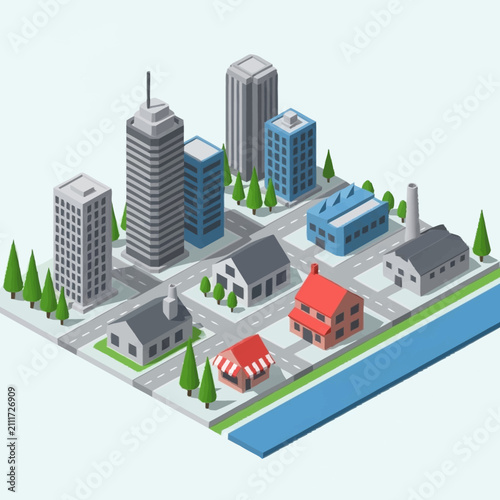Colorful isometric cityscape with buildings and river view.