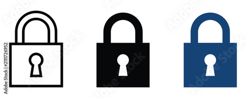 Collection of three padlock icons featuring outline solid black blue styles for digital security protection password business technology encryption illustration collection