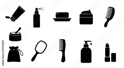 Beauty products and cosmetic grooming icons.