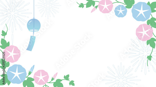 Canvastavla Summer background with morning glory flowers and wind chime