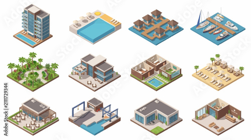 Bild auf Leinwand Isometric illustrations of modern buildings and residential complexes