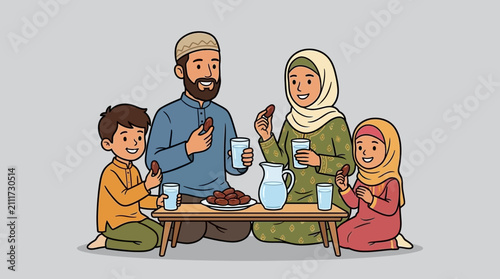 A happy Muslim family sharing Iftar meal together