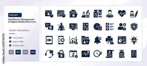 Healthcare management and medical icons. Digital health services and clinical vector set.