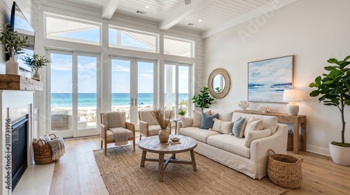 Coastal living room interior with airy layout, beach-inspired decor, relaxed seaside atmosphere, modern coastal house style