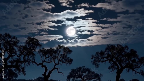 Bright full moon glows through layered clouds above dark tree silhouettes at night, with textured sky surrounding the illuminated opening and no visible people or buildings. below.