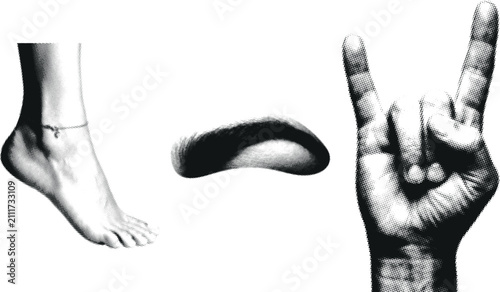 Bild auf Leinwand Foot and hand gesture in halftone style indicating rock music and celebration