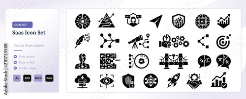 SaaS icon set for business software. Digital technology symbols for web and mobile apps.