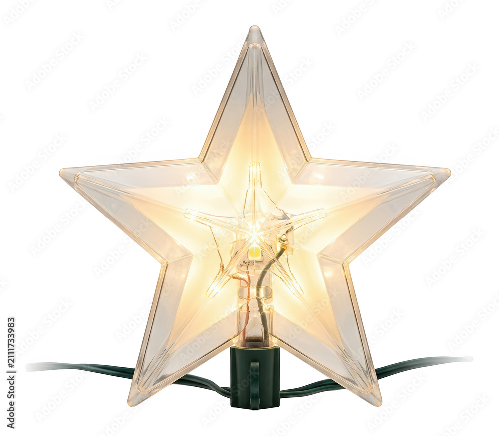 Obraz premium Glowing glass star tree topper shining with warm light and green wiring isolated transparent background image
