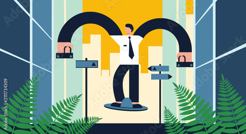 Businessman balancing briefcases with long arms in city to show multitasking career choices.