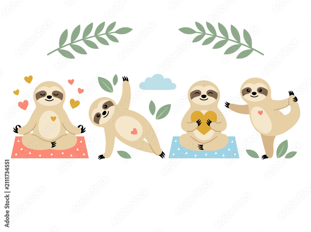 Fototapeta premium Cute Sloth Yoga and Meditation Illustration Set with Hearts and Leaves