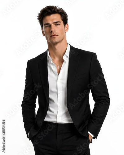 Portrait of a confident handsome man wearing black suit jacket with open collar white shirt isolated on white background.