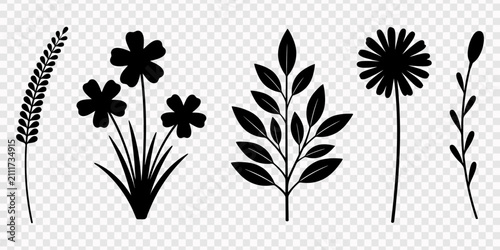 Foto black and white flowers, five black botanical silhouettes, including flowers, le