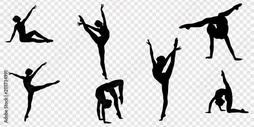 Dancer silhouettes set, female ballet dancers performing various expressive movements, vector set, Elegant collection of black vector silhouettes featuring diverse ballet dancers performing various