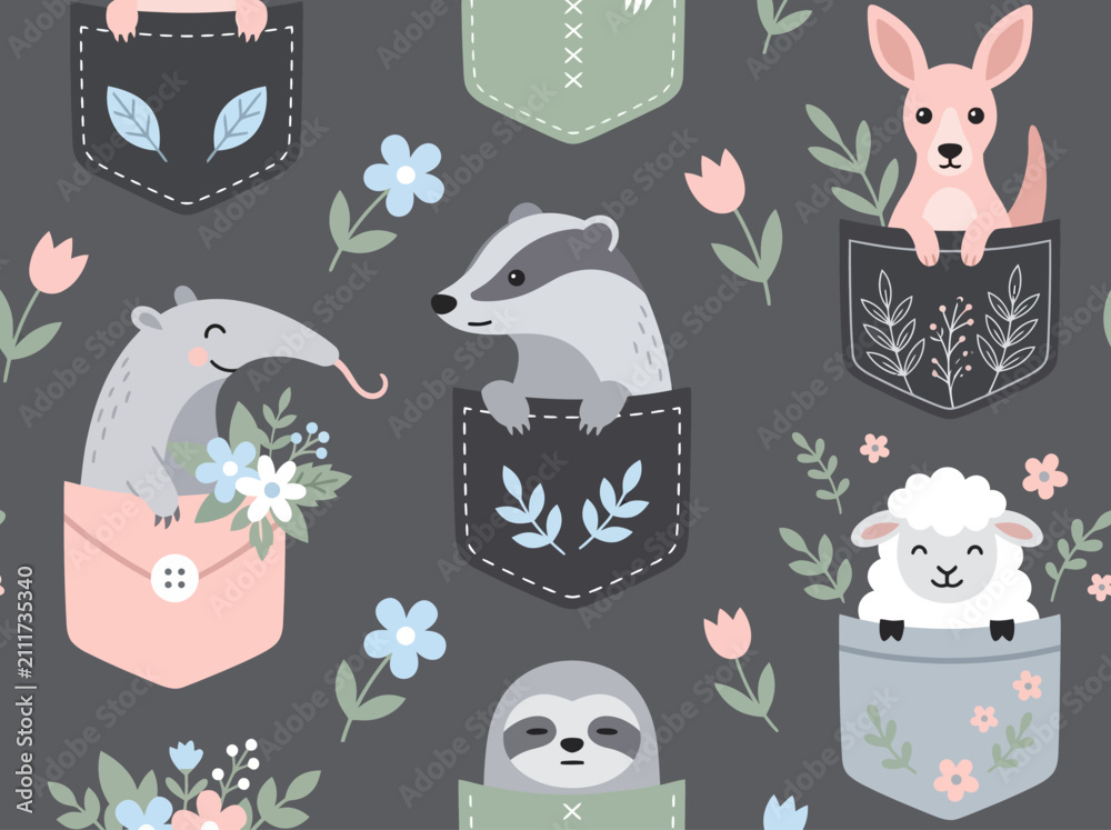 Fototapeta premium Cute Seamless Pattern with Cartoon Animals in Pockets: Sloth, Kangaroo, Sheep, Badger, and Anteater Illustration