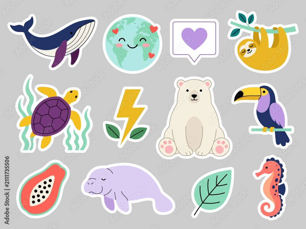 Fototapeta premium Cute Eco-Friendly Animal and Nature Sticker Set Illustration