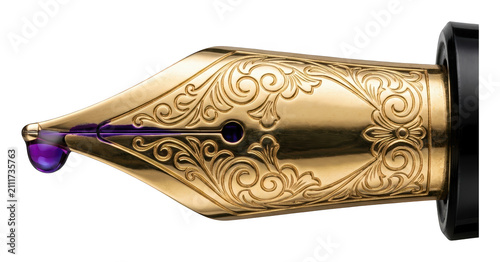 Golden fountain pen nib with intricate floral engravings and a purple ink drop isolated transparent background image