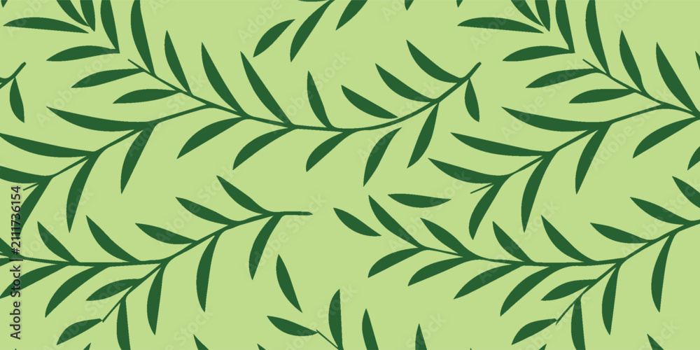 Fototapeta premium Seamless Pattern with Green Leaves on a Light Green Background.