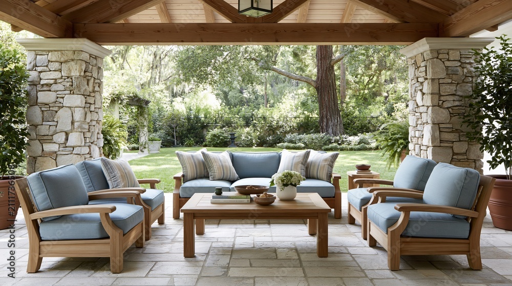 Obraz premium Luxurious outdoor patio furniture set with light blue cushions arranged for conversation in a serene garden setting