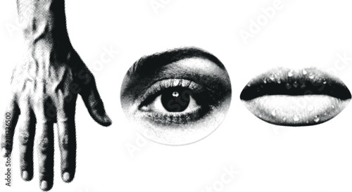 Fotografie Halftone hand near eye and lips with water droplets in stark graphic style