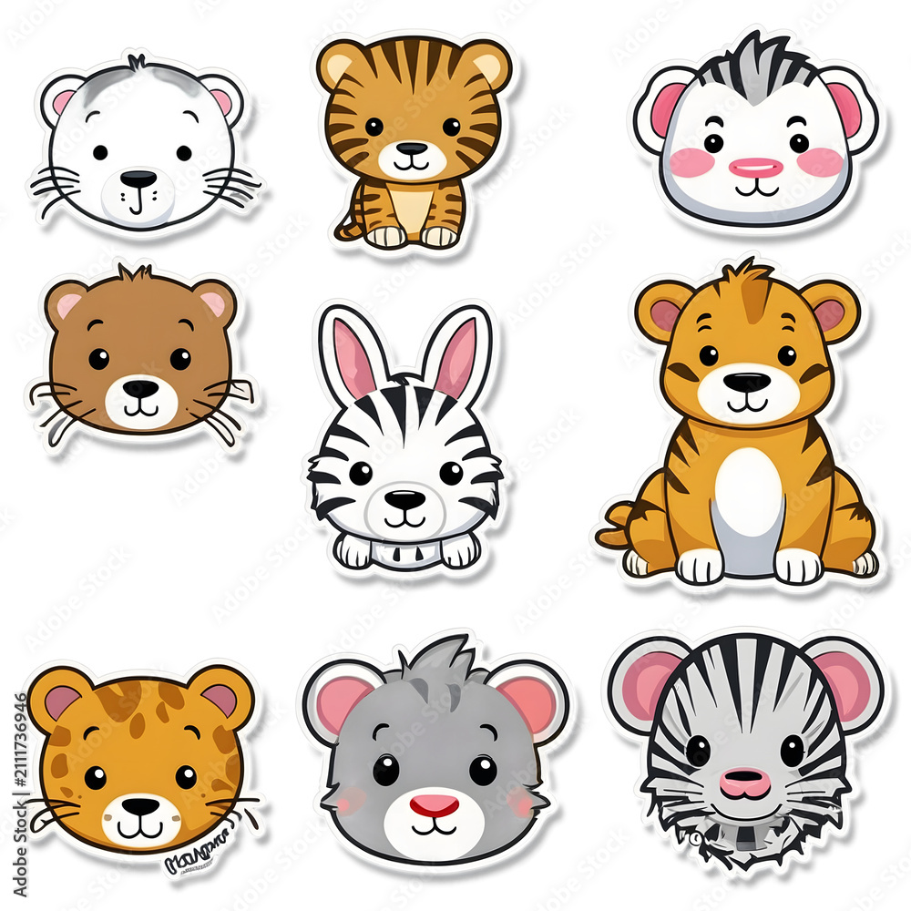 Fototapeta premium Cute Wild Animal Cartoon Sticker Collection