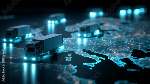 Freight trucks traveling across a digital map represent connected logistics, supply chain coordination, and international cargo delivery.
