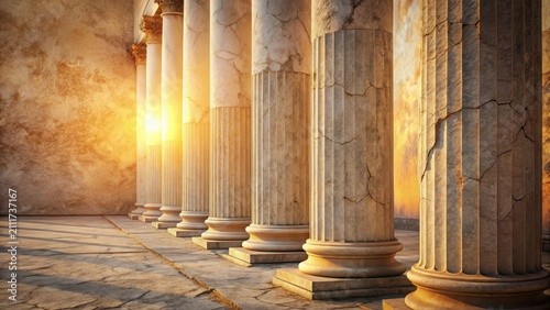 A serene and weathered scene unfolds against a white cracked wall texture background with soft warm sunlight casting a gentle glow on aged stone pilla