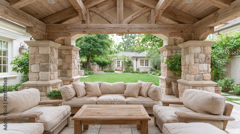 Obraz premium Luxurious Outdoor Living Space with Stone Pillars, Exposed Beams, and Comfortable Seating