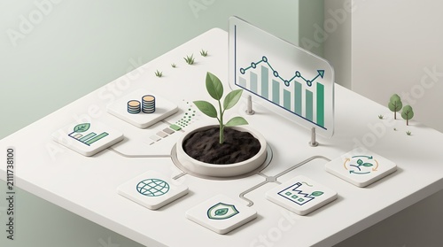 Sustainable finance ecosystem concept displaying plant growth connected to environmental and corporate governance metric icons