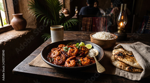 Spicy Goan prawn balchão served with fluffy rice and warm naan bread
