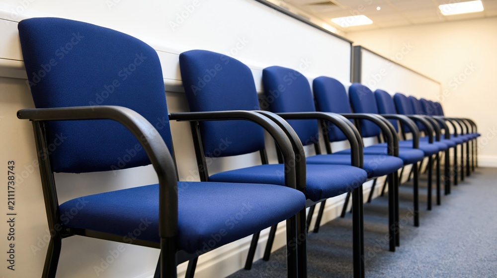 Fototapeta premium Row of blue upholstered waiting room chairs with metal frames, office interior