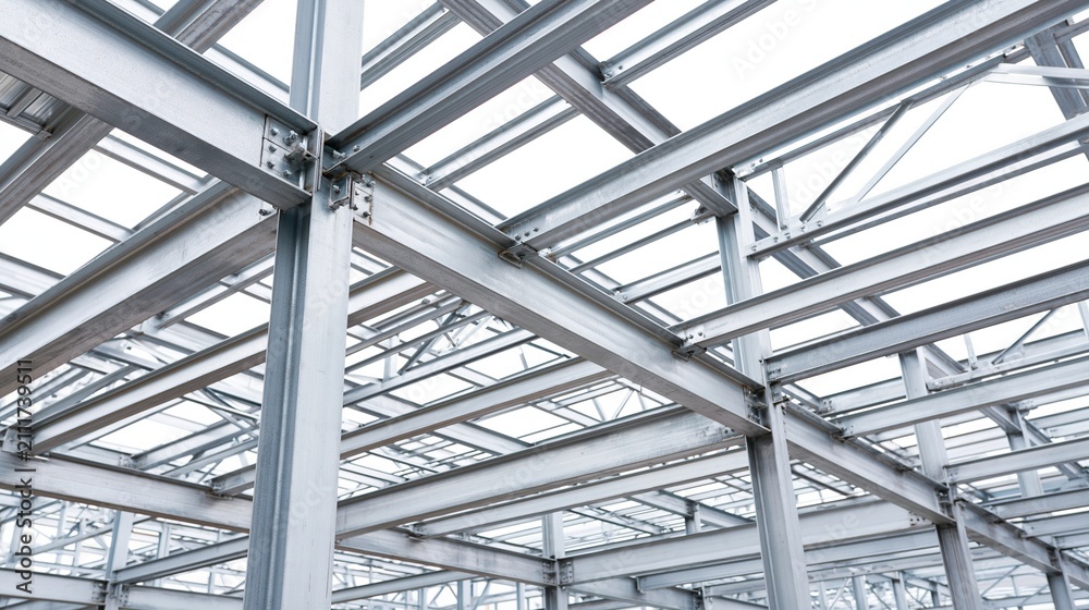 Obraz premium Modern Industrial Steel Frame Structure Construction Site, Architectural Engineering, and Building Materials