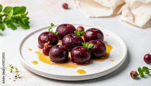 Hawaiian ʻOhelo Berry Dessert with Syrup and Mint Garnish