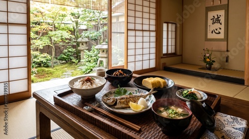 Elegant Japanese breakfast set served in luxury ryokan room featuring Japanese garden view and tokonoma alcove, generative AI