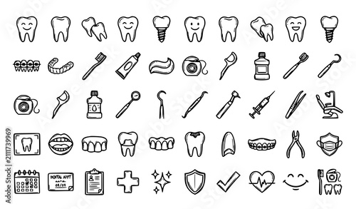 Billede på lærred Hand drawn dental doodle icon set with tooth orthodontic tools toothbrush toothp