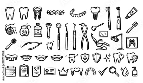 Φωτογραφία Dental orthodontic doodle sketch collection with hand drawn tooth dentist tools