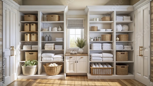 A serene bathroom oasis unfolds with an organized linen closet filled with crisp whites woven baskets and neatly folded towels atop wooden shelves ami