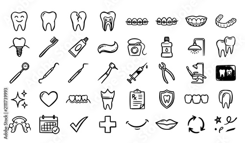 Slika na platnu Black dental care doodle vector icon pack featuring tooth dentist tools orthodon