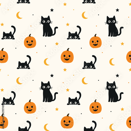 Cute Halloween Black Cat Pumpkin Seamless Pattern