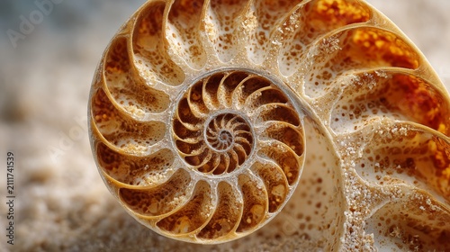 Golden Ammonite Fossil Shell Spiral Close Up, Ancient Nature Geological Art Photography