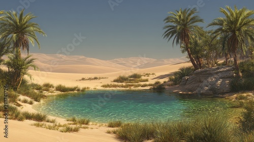 Desert Oasis with Palm Trees and River, Scenic Landscape Travel Photography
