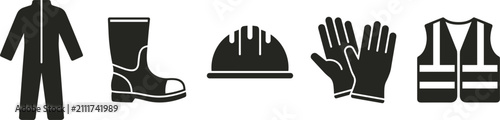 Fotografía Personal protective equipment vector icons set including coverall boot hard hat