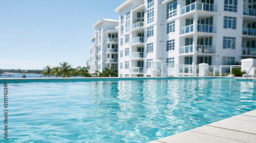 Obraz premium Luxury modern white apartment complex with infinity pool and ocean view