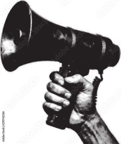 Obraz na płótnie Hand holding megaphone in halftone style for announcement and communication