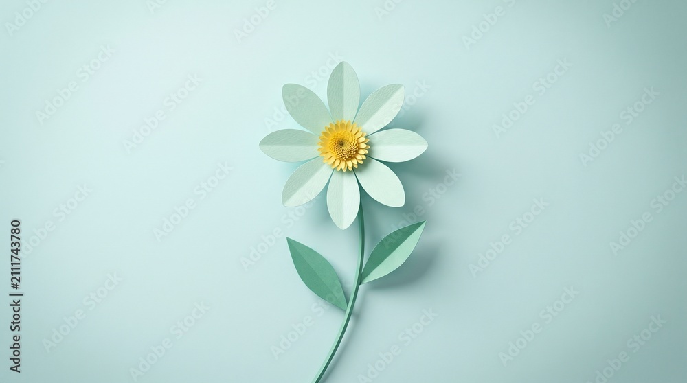 Obraz premium Minimalist paper cut flower craft on light blue background with copy space