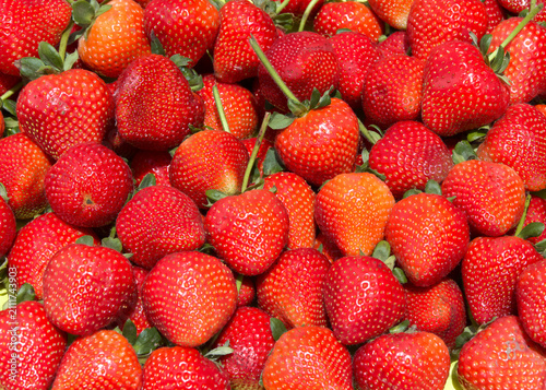 Close up on  freshly picked ripe red strawberries with stems on for sale at farmers market. View from above.